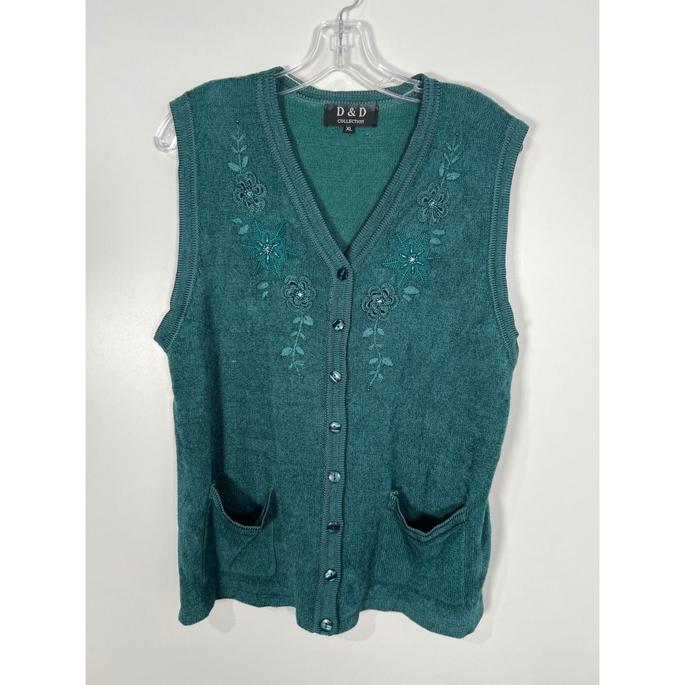 Vintage 90's Teal Floral Embroidered Sweater Colorful Momcore Vest XL